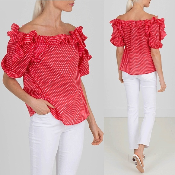 SALONI Cotton Striped Ruffled Off Shoulder Puff Short Sleeve Relaxed Fit Top S - Picture 1 of 8